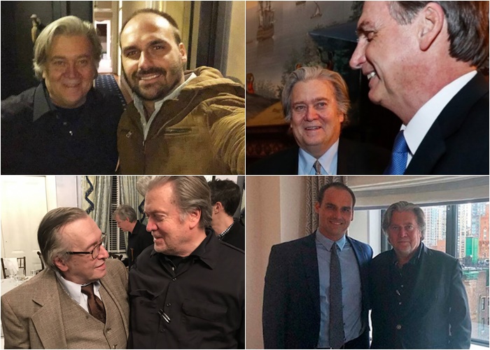 Montagem com quatro fotos de Bannon com Eduardo, Jair e Olavo de Carvalho