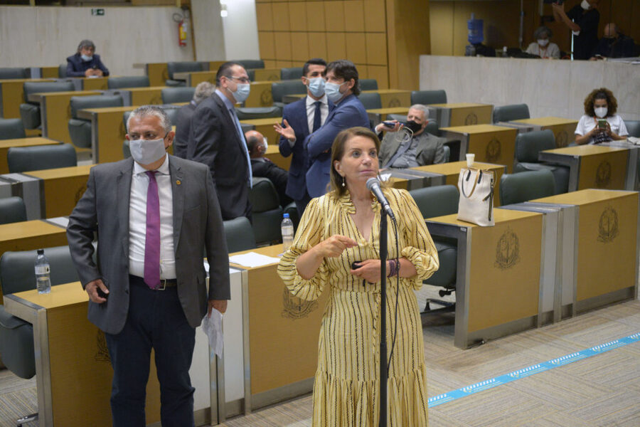 Foto da Deputada Estadual Professora Bebel falando ao microfone da Alesp