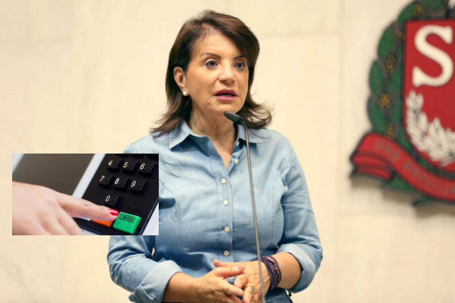 Montagem em que aparece a foto da deputada Professora Bebel (PT falando na tribuna da Alesp e, um pouco abaixo, a foto de uma mão feminina apertando a tecla "confirma" da urna eletrônica