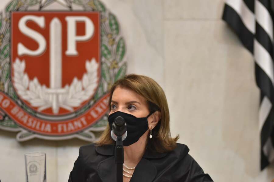 Foto da Deputada Estadual Professora Bebel na mesa do Plenário da Alesp