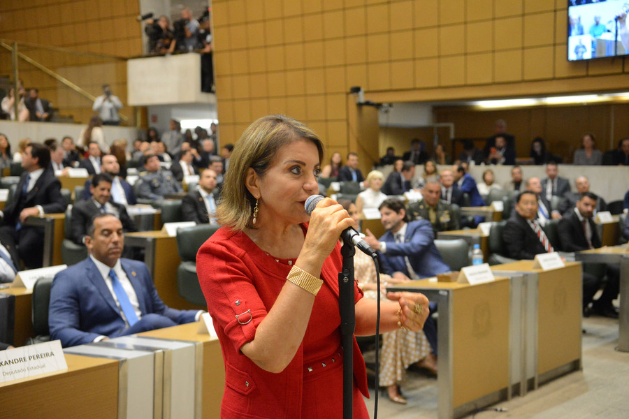 Foto da Deputada Estadual Professora Bebel falando da Tribuna da Alesp