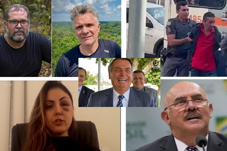 Montagem com as fotos de Bruno/Dom; do Assassino de Piracicaba, da Promotora agredida e de Bolsonaro rindo