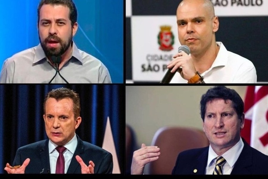 Montagem de fotos. No alto à esquerda, Boulos. Ao lado, no alto, à direita, Covas. Em baixo, à esquerda, Russomanno. Ao laod, à direita, Tatto. 