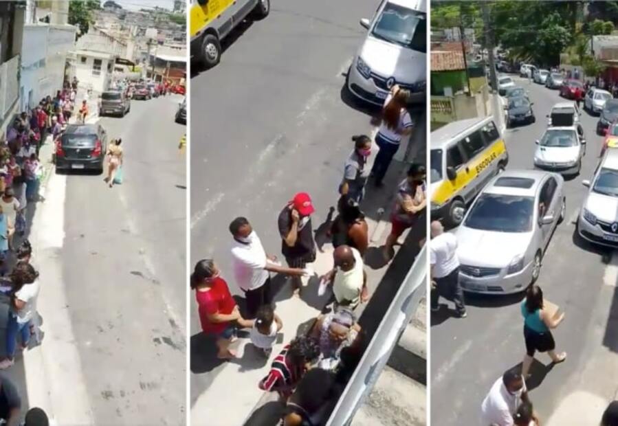 Foto da distribuição de cestas básicas na Brasilândia