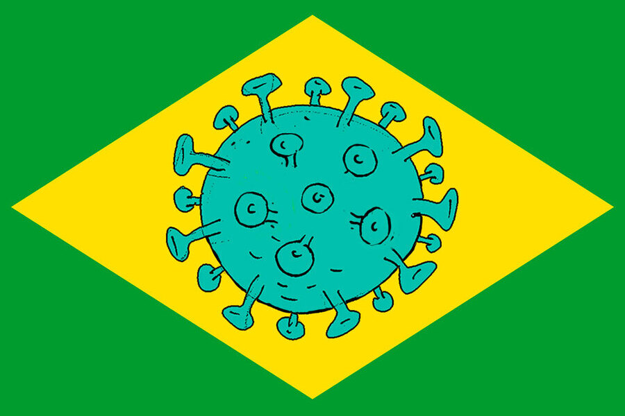 Ilustração sob a bandeira brasileiro, em que o círculo azul é substituído pela imagem do coronavirus