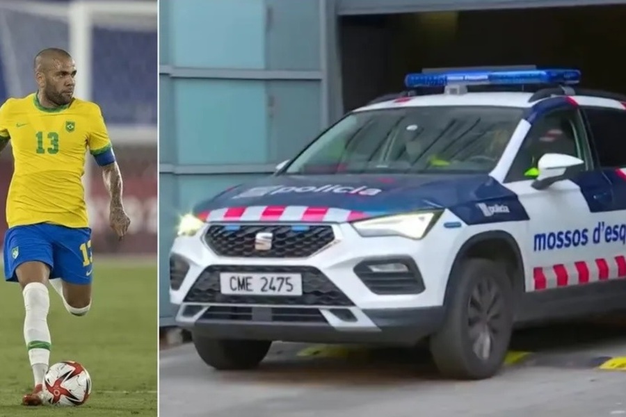 Foto montagem: do lado esquero o jogador Daniel Alves em campo com o uniforme da seleção brasileira. Ao lado, uma viatura da polícia espanhola que o conduziu para o presídio