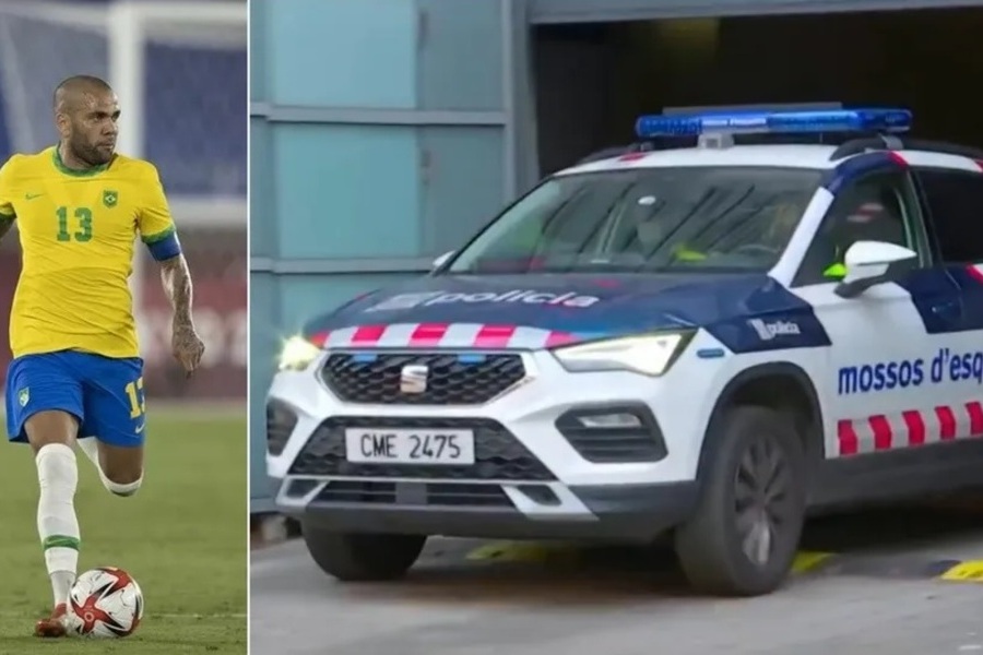 Foto montagem: do lado esquero o jogador Daniel Alves em campo com o uniforme da seleção brasileira. Ao lado, uma viatura da polícia espanhola que o conduziu para o presídio