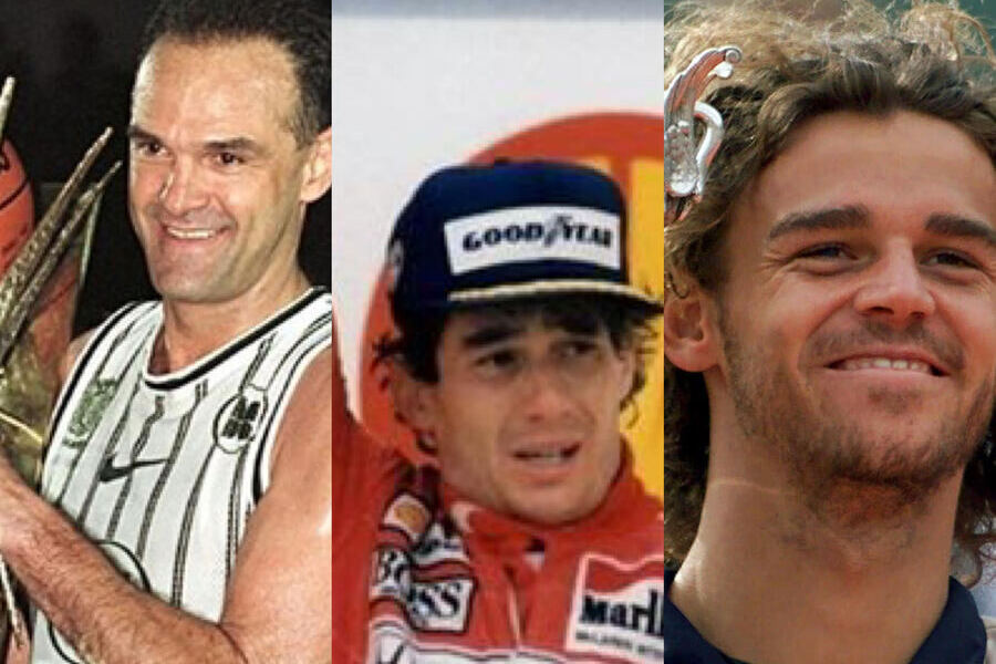 Foto montagem com Oscar Schmidt, Ayrton Senna e Gustavo Kuerten