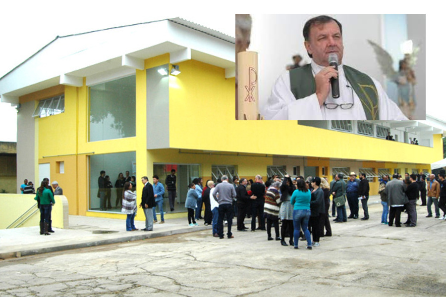 Foto da fachada do prédio da Unifesp Campus Zona Leste. No destaque, foto de Padre Ticão