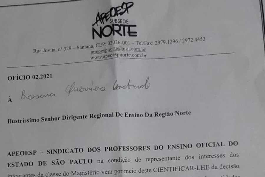 Foto de parte do ofício da Subsede Norte para a Diretoria de Ensino