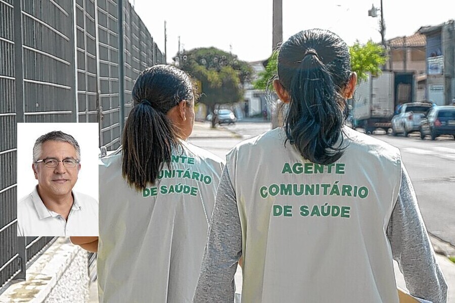 Foto de duas agentes de saúde estão de costas para a câmara. Nas costas delas está inscrito "Agentes de Saúde". No destaque, foto do deputado Alexandre Padilha