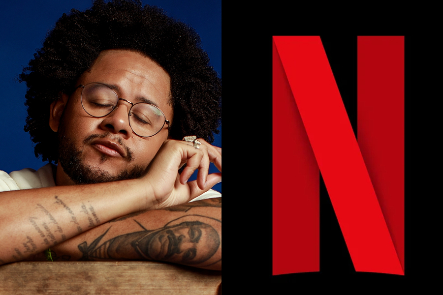 Foto do rapper Emicida. Ao lado, logotipo da Netflix