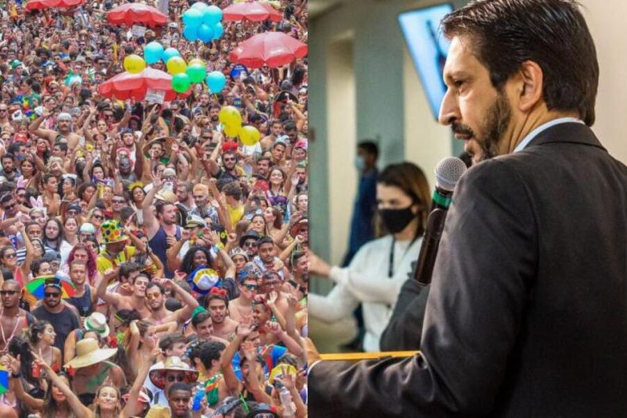 foto montagem com um bloco de Carnaval de Rua (à esquerda) e o prefeito Ricardo Nunes (MDB), à direita.