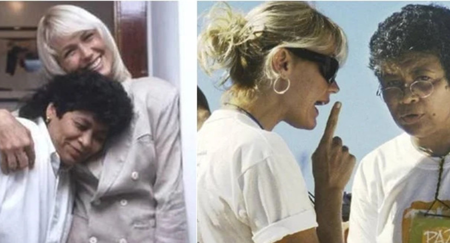 Montagem ente duas fotos. A primeira, à esquerda, Xuxa e Marlene Mattos se abraçam. A segunda, à direita, Xuxa, com dedo em riste, discute com Marlene