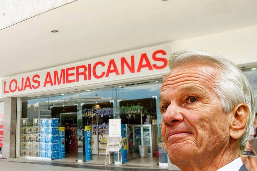 Foto da fachada da Lojas Americanas. No destaque, foto de Paulo Lemann